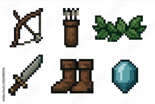 Set of pixel art fantasy game icons showing a bow, quiver, laurel, sword, boots, and a gem, designed for a retro video game inventory or user interface