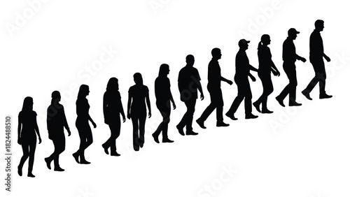 Silhouettes of people walking upward in a line isolated on white background, Vector
