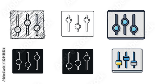 Set of six control panel icons with vertical sliders for adjusting settings, presented in various design styles including hand-drawn sketch, line art, glyph, and flat color