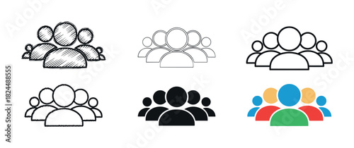 Collection of six group user icons in various styles including hand-drawn sketch, line art, solid silhouette, and flat color design for representing teamwork and community