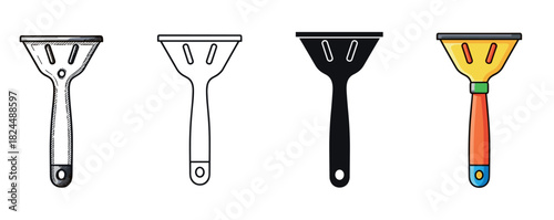 Collection of four slotted kitchen spatula illustrations in a variety of graphic styles from detailed doodle and minimal outline to a solid silhouette and a vibrant cartoon version