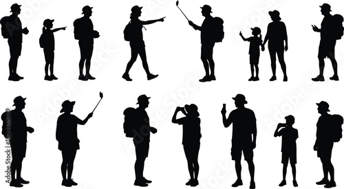 Silhouette of family travelers with backpacks taking photos, exploring outdoors, parent and child adventure vacation, tourism and travel lifestyle concept.