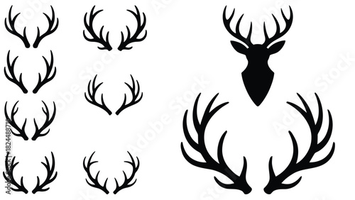 Deer Antler Silhouettes and Stag Head Vector Set on White Background
