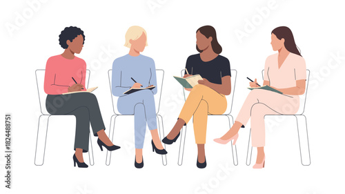 illustration of four people seated in semi-circle engaged in collaborative meeting or group therapy session with notepads