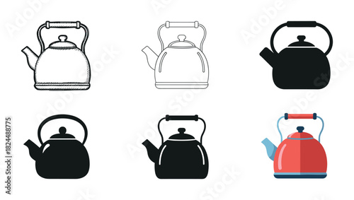 Collection of six kettle illustrations showing different design styles including doodle, line art, silhouette icon, and a colorful flat vector for graphic design
