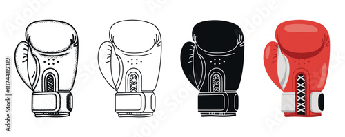 Set of four boxing gloves shown in different artistic styles including a hand-drawn sketch, clean line art, a black silhouette, and a red flat vector illustration