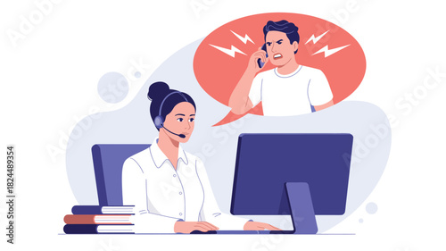 illustration of female support agent handling angry customer call at desk with headset, computer, and speech bubble