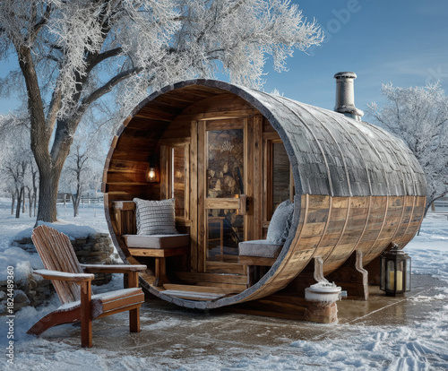 Barrel sauna in a winter la...