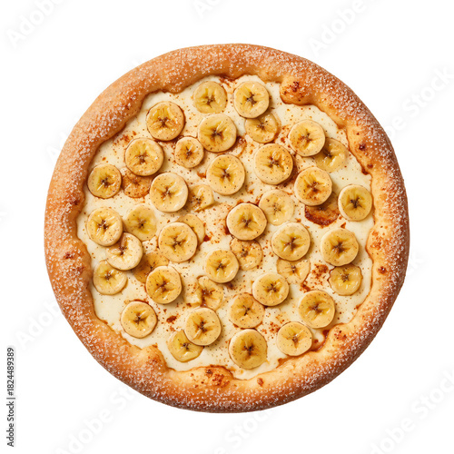 A high-angle, close-up studio shot of a banana dessert pizza, isolated against a transparent background. It has a golden brown crust with dusted sugar and cinnamon powder.