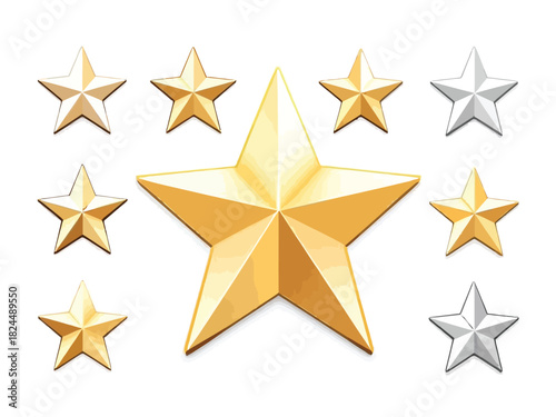 A collection of ten three-dimensional metallic stars, mostly gold with two silver, isolated on a white background.