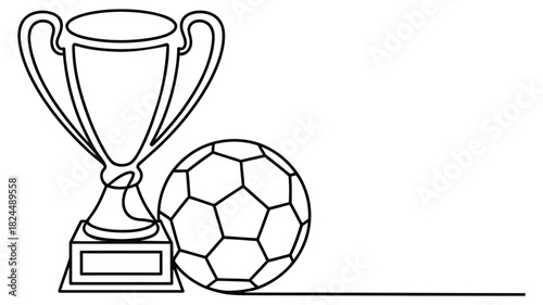 minimalist line drawing of soccer trophy and ball symbolizing victory and achievement in football competition