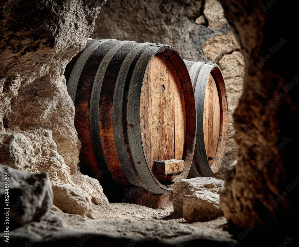 Fototapeta premium Brown oak barrel in a traditional cellar