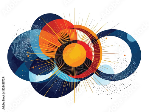 Abstract illustration of a cosmic explosion with overlapping colorful circles and radiating light beams.