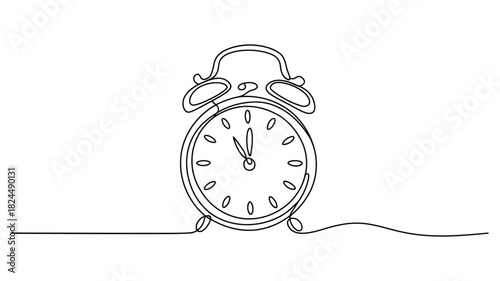 minimalist continuous line drawing of vintage alarm clock showing 12 o'clock with twin bells and trailing line