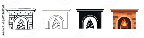 Set of four brick fireplace vector icons in different artistic styles including sketch, outline, silhouette, and flat color illustration for home interior design