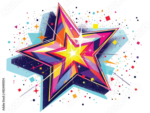 A vibrant and colorful geometric starburst exploding with festive confetti and sparkles on a white background.