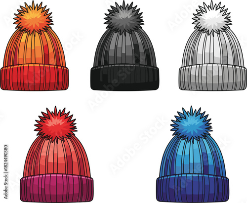 Set of Five Colorful Vector Illustrations of Knit Winter Hats with Pom-Poms, Ideal for Cold Weather Apparel Mockups, Seasonal Accessories, and Cozy Holiday Fashion Graphics