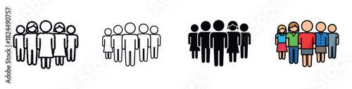 Set of four people group icons showing different design styles including a hand-drawn sketch, thin line art, a solid black silhouette, and a colorful flat illustration