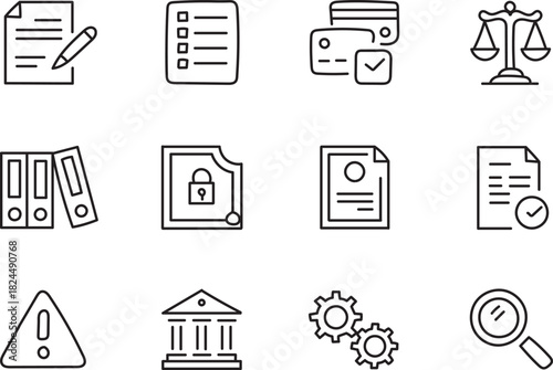 Legal and Document Management Line Icons Set for Compliance, Law, Contracts, Regulations, Audit