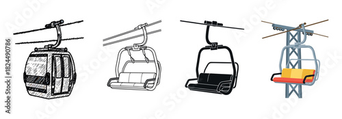 Set of ski lift and cable car illustrations in various styles including sketch, line art, silhouette, and flat color vector icons for winter sports and mountain resort design