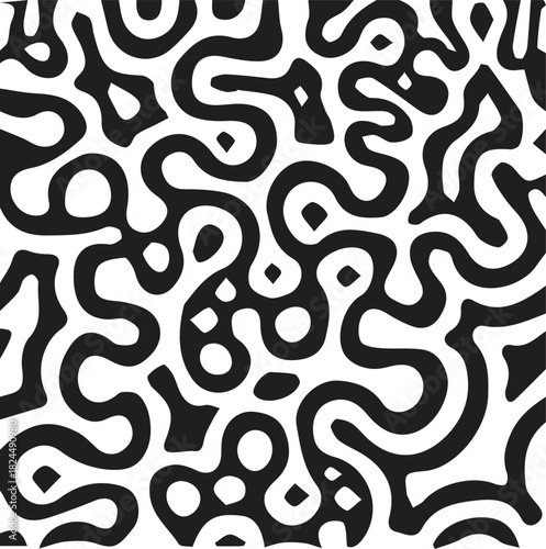 Abstract black and white organic maze pattern with rounded shapes
