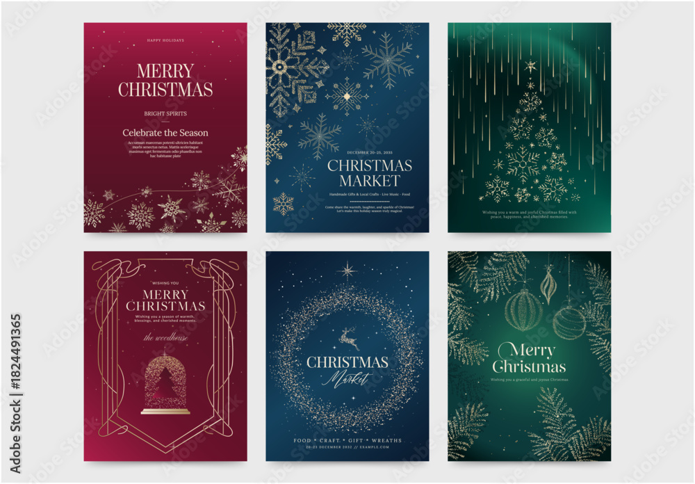 Fototapeta premium Christmas Winter Wonderland Poster Flyer Set in Classic Festive Invitation Style & Luxury Red Green Blue Gold Hues