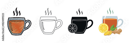 Set of four hot tea illustrations in various styles, from a hand-drawn sketch and simple outline to a black silhouette and a flat color design with lemon and ginger