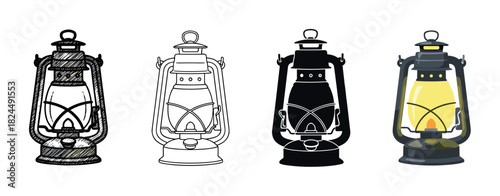 Set of four vintage kerosene lanterns presented in different artistic styles including sketch, outline, silhouette, and a full-color lit version for various design projects