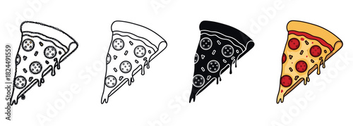 Set of four pizza slice illustrations in various graphic styles, including a full color cartoon, black and white silhouette, simple line art, and a textured sketch design