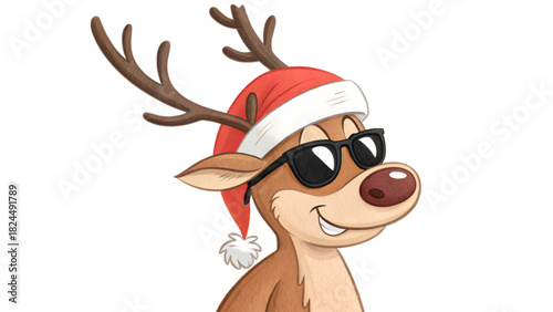 Cartoon reindeer wearing Santa hat and sunglasses, cheerful Christmas character, festive holiday illustration and fun seasonal mascot design (PNG)