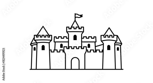 Medieval castle outline with towers and flag in minimalist design