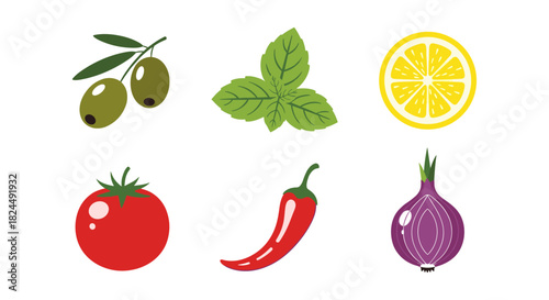 Colorful set of fresh vegetables and fruits isolated on white background