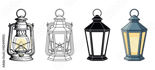 Collection of four vintage lanterns illustrated in different artistic styles, including detailed sketch, simple line art, black silhouette, and a flat color cartoon design