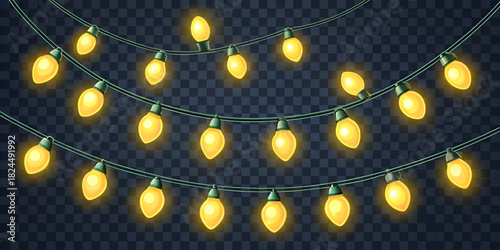 Yellow Christmas string lights on transparent background, warm glowing bulbs, festive holiday illumination, decorative garland, winter celebration theme