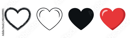 Set of four heart icons in different styles including hand-drawn sketch, clean outline, solid black silhouette, and a glossy red symbol for expressing love and romance