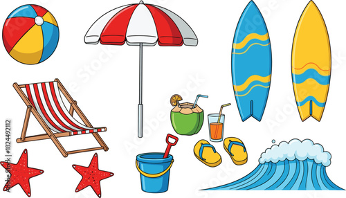 Set of Colorful Beach and Summer Vacation Accessories Vector Illustration.
