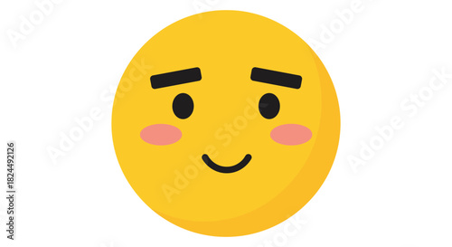 Happy face emoji with raised eyebrows and blushing cheeks on white background
