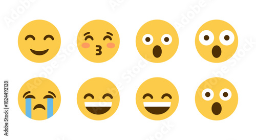 Collection of yellow smiley faces with various expressions in flat style