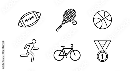 Linear icons of popular sports equipment and activities