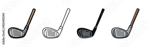 Set of four golf club illustrations showing different artistic styles including doodle, line art, silhouette, and cartoon for sports equipment and recreational activity concepts