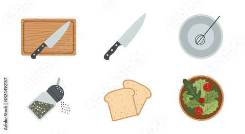 Flat kitchen utensils and food items set for cooking and dining
