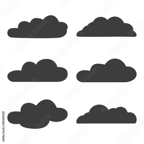 Minimal hand drawn dark grey cloud silhouettes vector graphic shapes collection.