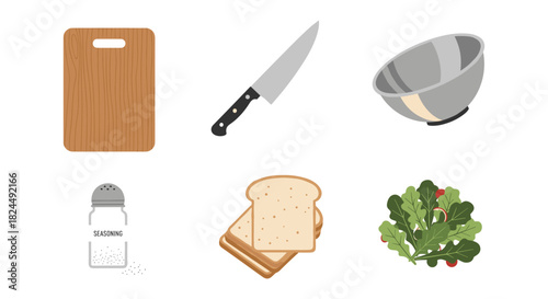 Kitchen essentials set with knife, cutting board, bowl, seasoning, bread, and greens