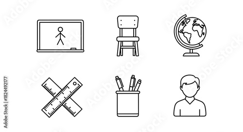 Simple school icons set: blackboard, chair, globe, rulers, pencils, student