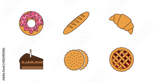 Flat style bakery icons: donut, baguette, croissant, cake, cookies, pie