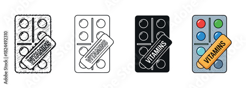 Vitamin blister pack illustration set in four graphic styles including hand-drawn sketch, line art, silhouette, and colorful cartoon for health and wellness concepts