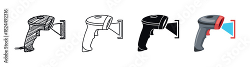 Barcode scanner icon set in four different artistic styles including sketch, outline, silhouette, and flat color cartoon for retail and inventory concepts