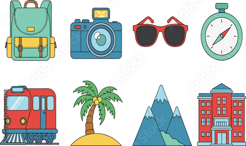 Travel, Holiday, and Exploration Vector Icon Set, Flat Design for Backpack, Camera, and Destinations.