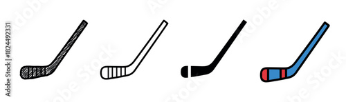 Set of four hockey stick illustrations in various design styles from a hand-drawn doodle and simple outline to a flat black silhouette and a colored version