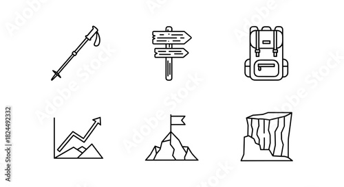 Minimalist outline icons for hiking and adventure with signs, backpack, mountain